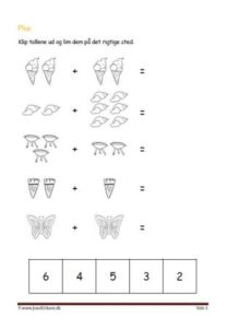 Undervisning i matematik. Plus stykker- klip tallene ud og lim dem ind ved det rigtige plusstykke.