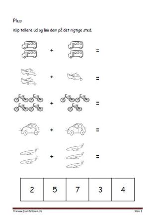 Undervisning i matematik. Plus stykker- klip tallene ud og lim dem ind ved det rigtige plusstykke.