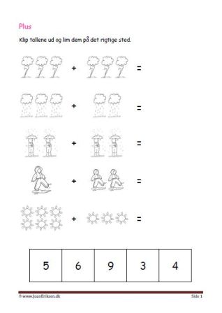 Undervisning i matematik. Plus stykker- klip tallene ud og lim dem ind ved det rigtige plusstykke.