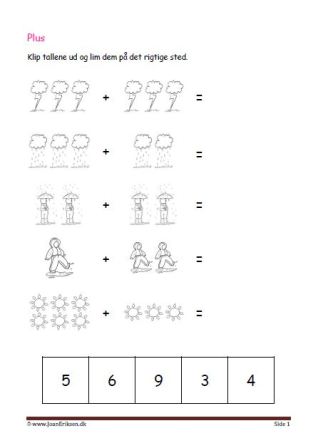 Undervisning i matematik. Plus stykker- klip tallene ud og lim dem ind ved det rigtige plusstykke.