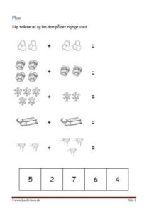 Undervisning i matematik. Plus stykker- klip tallene ud og lim dem ind ved det rigtige plusstykke.