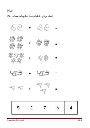 Undervisning i matematik. Plus stykker- klip tallene ud og lim dem ind ved det rigtige plusstykke.