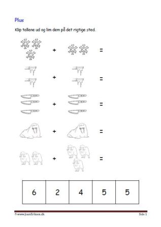 Undervisning i matematik. Plus stykker- klip tallene ud og lim dem ind ved det rigtige plusstykke.