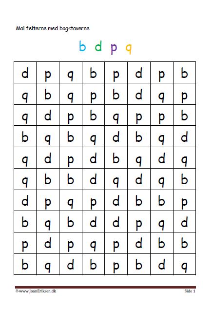 Elevopgaver med genkendelse af bogstaver. b,d,p,q.