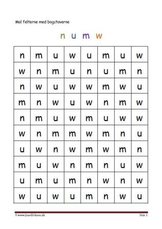 Elevopgaver med genkendelse af bogstaver. n, u, m, w.