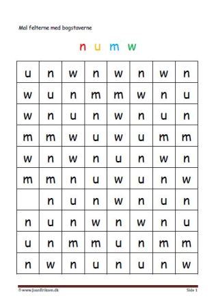 Elevopgaver med genkendelse af bogstaver. n,u,m,w.