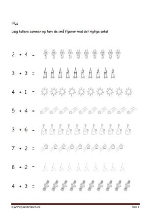 Undervisning i matematik. Plus stykker- Læg tallene sammen og farve figurerne. Rummet