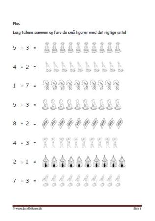 Undervisning i matematik. Plus stykker- Læg tallene sammen og farve figurerne. Cirkus