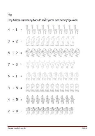 Undervisning i matematik. Plus stykker- Læg tallene sammen og farve figurerne.