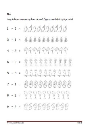 Undervisning i matematik. Plus stykker- Læg tallene sammen og farve figurerne. efterår