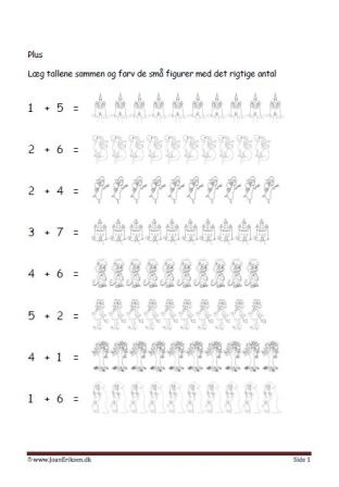 Undervisning i matematik. Plus stykker- Læg tallene sammen og farve figurerne. eventyr