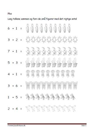 Undervisning i matematik. Plus stykker- Læg tallene sammen og farve figurerne. Forår