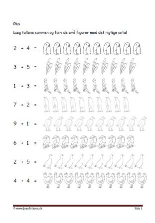 Undervisning i matematik. Plus stykker- Læg tallene sammen og farve figurerne. Fugle