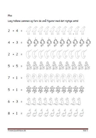 Undervisning i matematik. Plus stykker- Læg tallene sammen og farve figurerne.