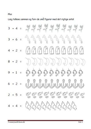 Undervisning i matematik. Plus stykker- Læg tallene sammen og farve figurerne. Havet