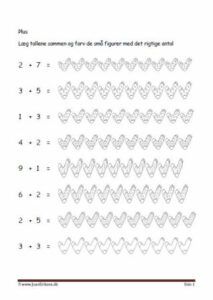 Undervisning i matematik. Plus stykker- Læg tallene sammen og farve figurerne.