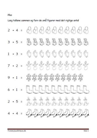 Undervisning i matematik. Plus stykker- Læg tallene sammen og farve figurerne. Vinter