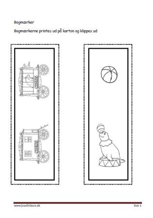 Bogmærker der kan males eller farvelægges, Undervisning i billedkunst og temaet cirkus.