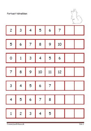 Elevopgave til undervisning i talrækken. Skriv de tal der mangler.