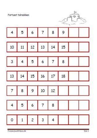 Elevopgave til undervisning i talrækken. Skriv de tal der mangler.