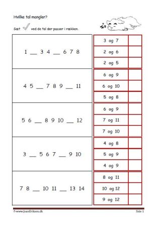 Elevopgave til undervisning i talrækken. Skriv de tal der mangler.