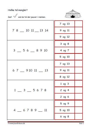 Elevopgave til undervisning i talrækken. Skriv de tal der mangler.