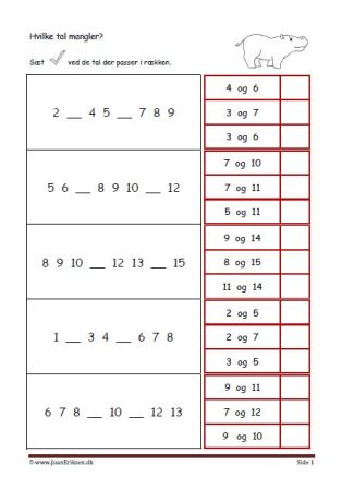 Elevopgave til undervisning i talrækken. Skriv de tal der mangler.