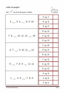 Elevopgave til undervisning i talrækken. Skriv de tal der mangler.