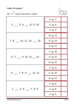 Elevopgave til undervisning i talrækken. Skriv de tal der mangler.
