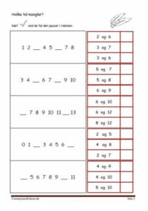 Elevopgave til undervisning i talrækken. Skriv de tal der mangler.
