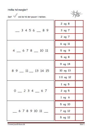 Elevopgave til undervisning i talrækken. Skriv de tal der mangler.