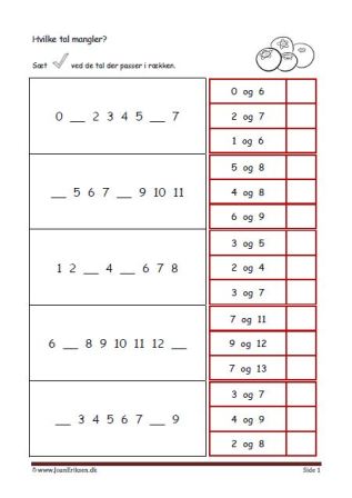 Elevopgave til undervisning i talrækken. Skriv de tal der mangler.