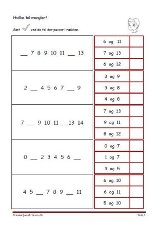 Elevopgave til undervisning i talrækken. Skriv de tal der mangler.