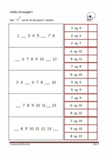 Elevopgave til undervisning i talrækken. Skriv de tal der mangler.