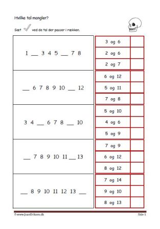 Elevopgave til undervisning i talrækken. Skriv de tal der mangler.