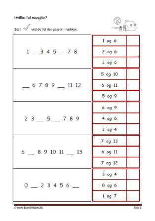 Elevopgave til undervisning i talrækken. Skriv de tal der mangler.