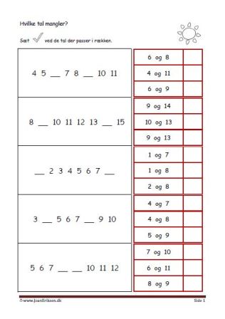 Elevopgave til undervisning i talrækken. Skriv de tal der mangler.
