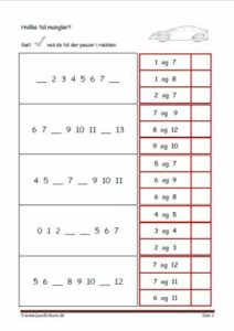 Elevopgave til undervisning i talrækken. Skriv de tal der mangler.