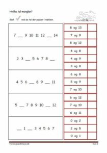 Elevopgave til undervisning i talrækken. Skriv de tal der mangler.