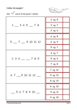 Elevopgave til undervisning i talrækken. Skriv de tal der mangler.