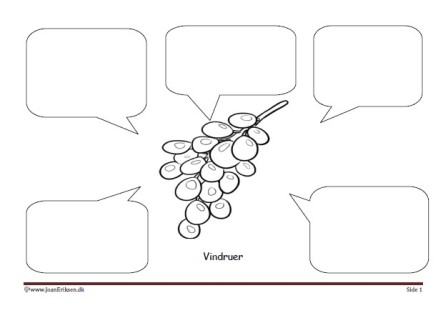 Skriveark med talebobler til undervisning i temaet frugt og grønt.