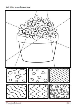 Undervisning i billedkunst. Pop-art, popkunst. Mal felterne med mønstrene Blomster.
