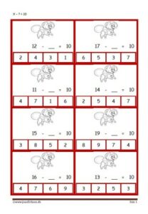 Elevopgave med minusstykker til undervisningen i matematik.