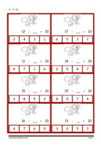 Elevopgave med minusstykker til undervisningen i matematik.