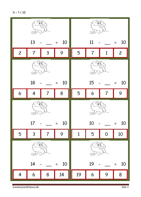 Elevopgave med minusstykker til undervisningen i matematik.