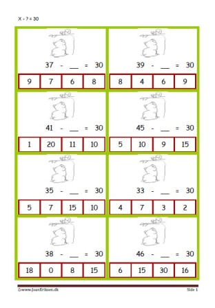 Elevopgave med minusstykker til undervisningen i matematik.