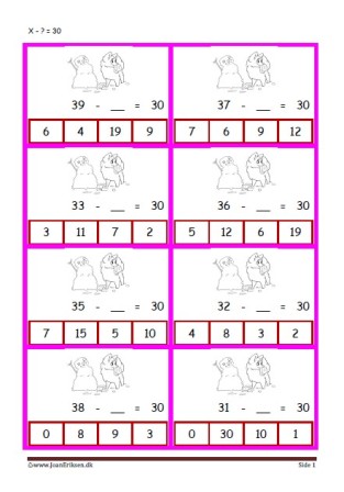 Elevopgave med minusstykker til undervisningen i matematik.