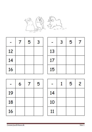 Elevopgave med minusstykker til undervisningen i matematik.