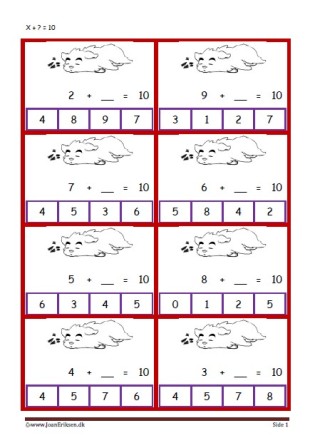 Elevopgave med plus stykker til undervisning i matematik. Plus hvad er = med?