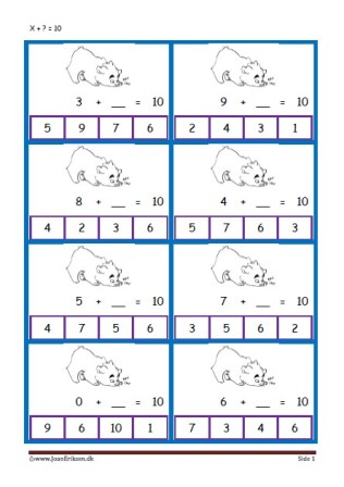 Elevopgave med plus stykker til undervisning i matematik. Plus hvad er = med?